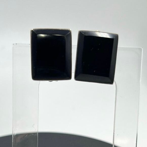 Rectangle Black Glass and 925 Mexico Sterling Silver Clip on Earrings - Picture 1 of 16